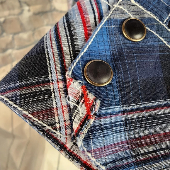 Panhandle Slim Plaid Pearl Snap Shirt Embroidered Blue Red Size Medium - Picture 12 of 16